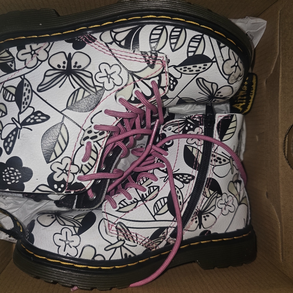Dr. Martens Black and White Floral Boots with Pink Laces